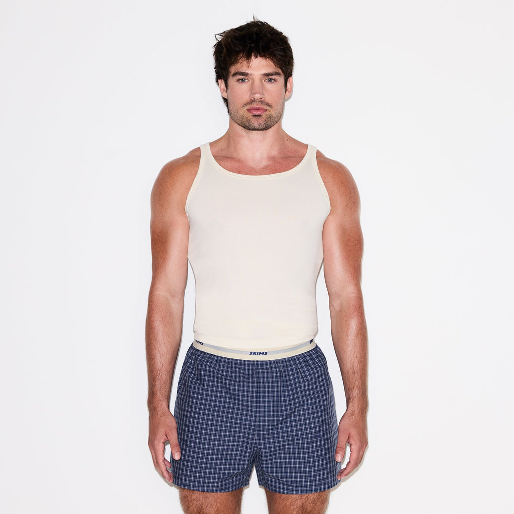 COTTON POPLIN MENS LOGO BAND BOXER | NAVY CHECK