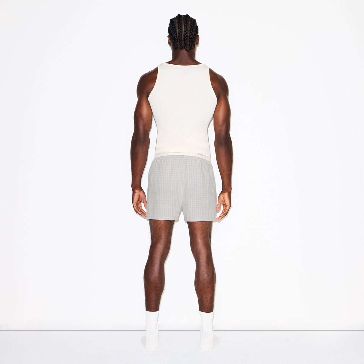 COTTON POPLIN MENS LOGO BAND BOXER | SILVER CHECK