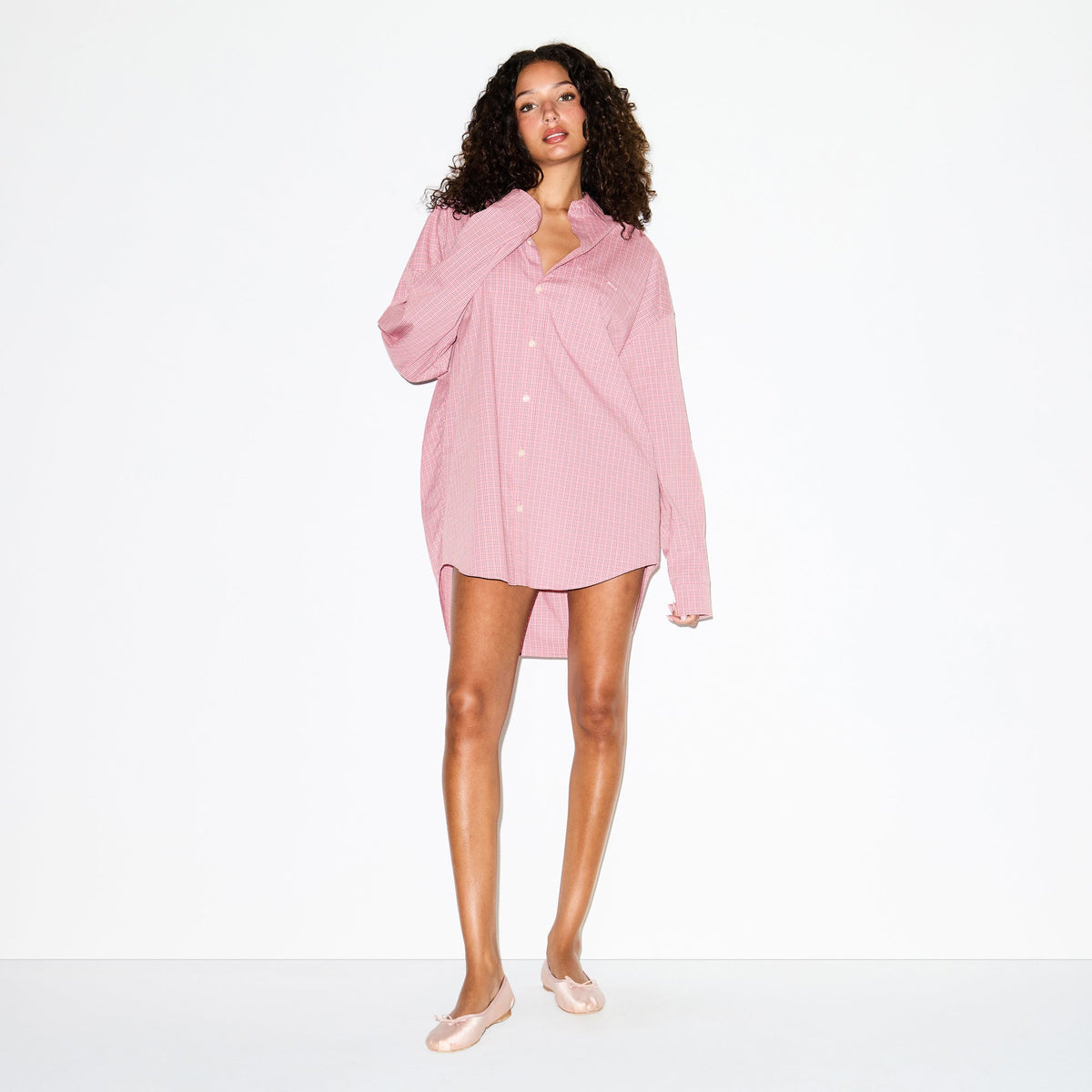 COTTON POPLIN SLEEP BUTTON UP DRESS | BERRY CHECK