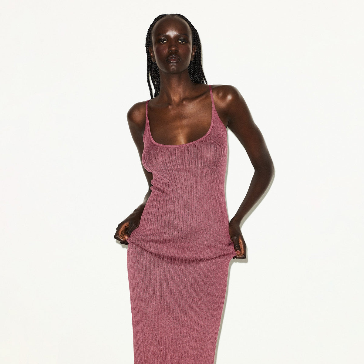 SHEER KNIT LONG CAMI DRESS | BEET