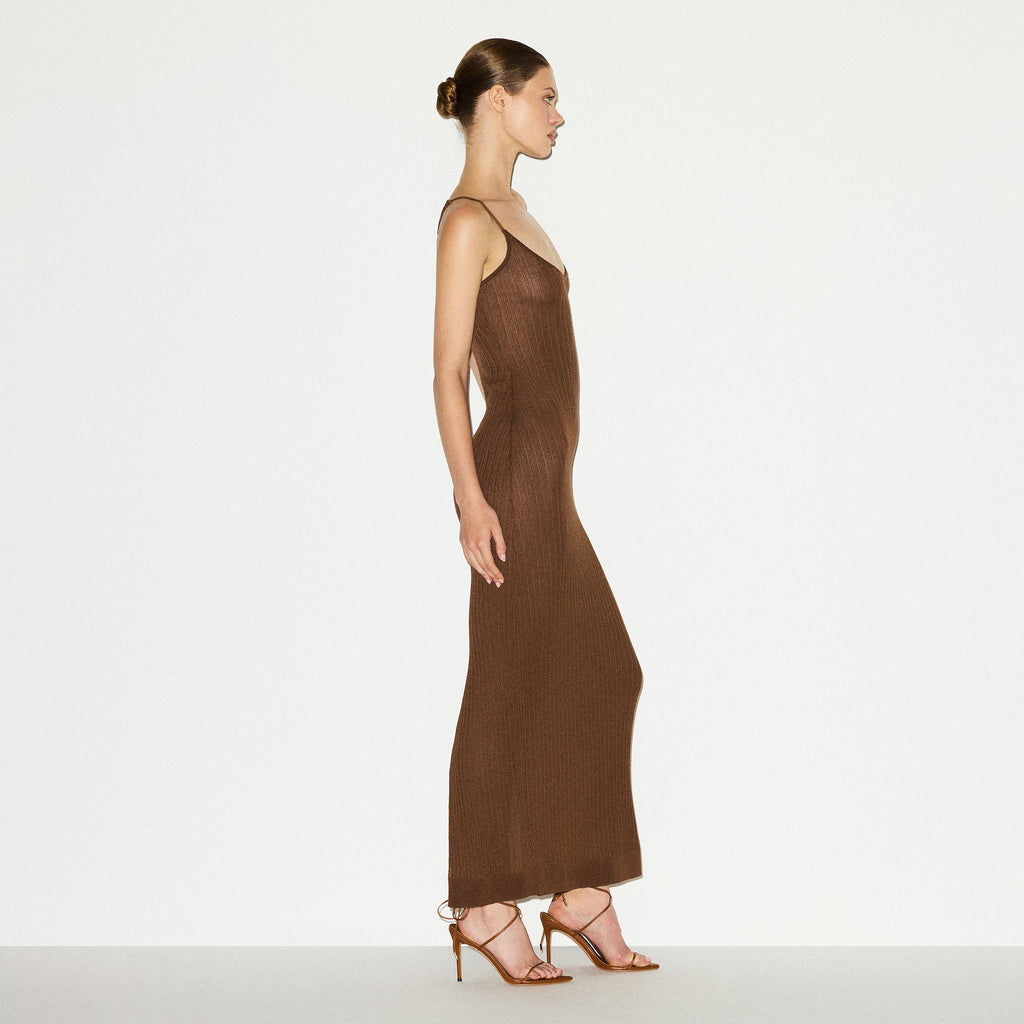 SHEER KNIT LONG CAMI DRESS | BISON