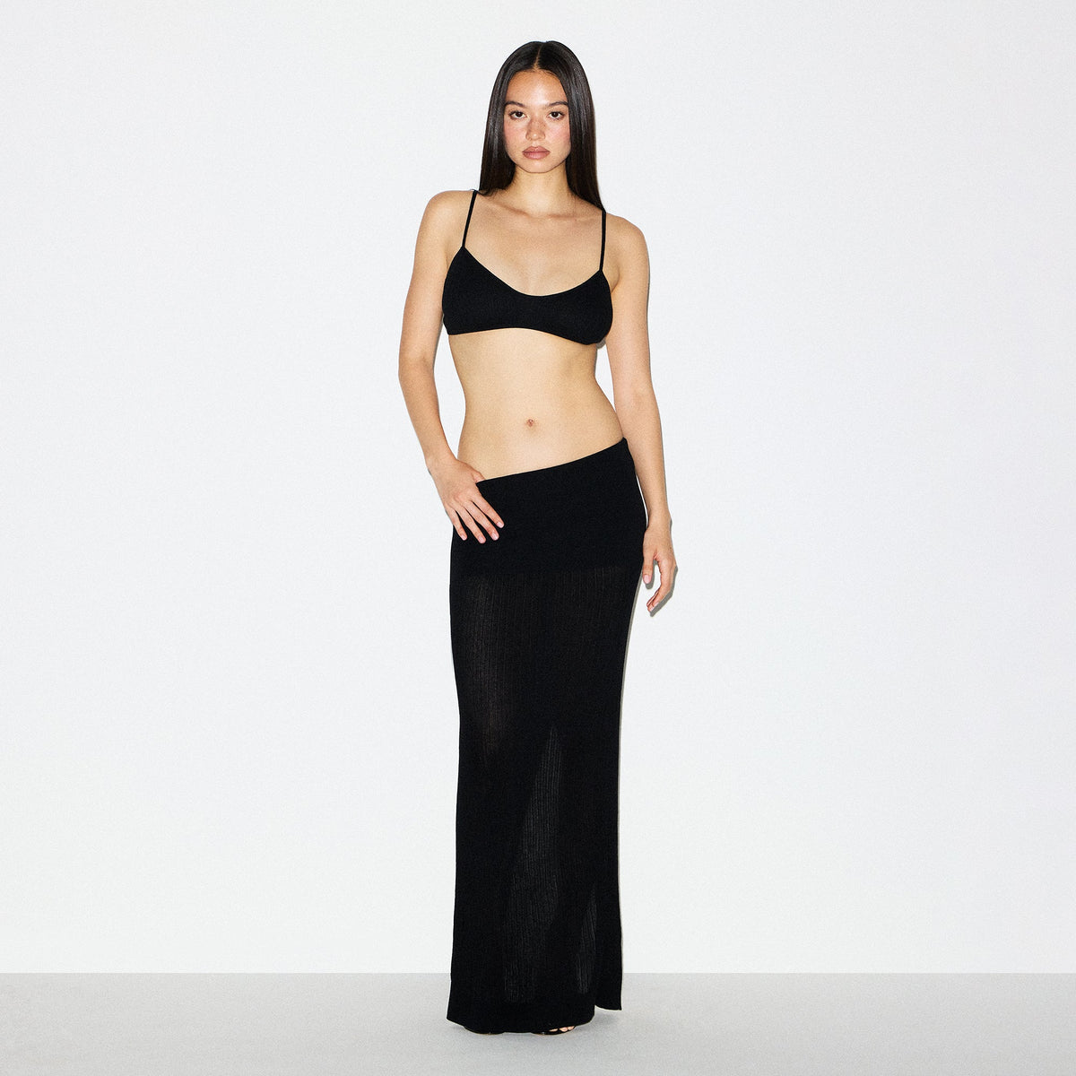 SHEER KNIT FOLDOVER LONG SKIRT | ONYX