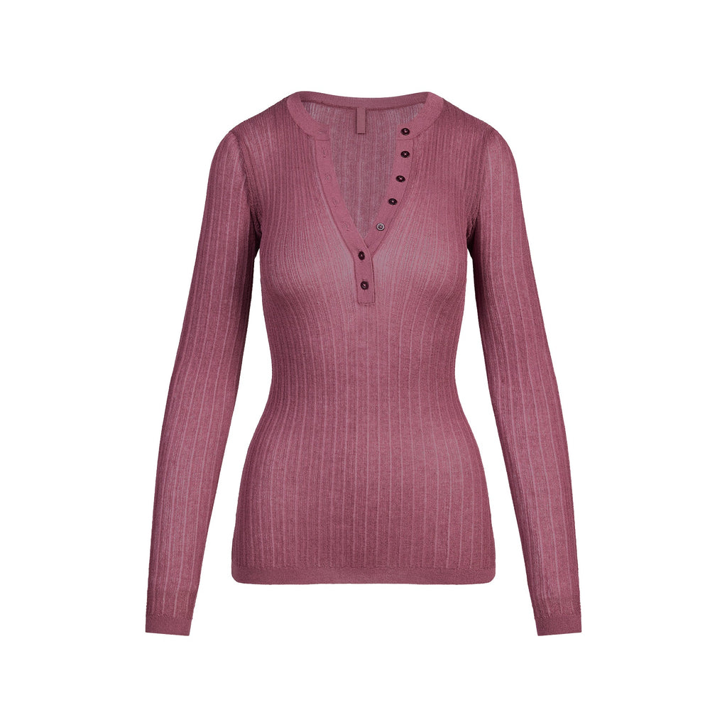 SHEER KNIT LONG SLEEVE HENLEY | BEET