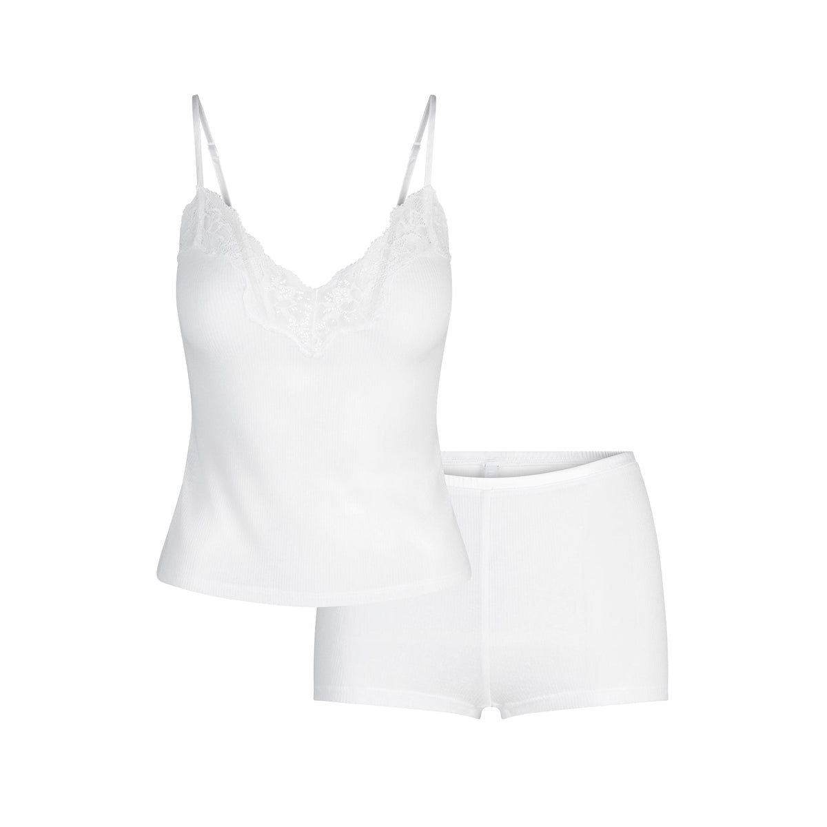 SHEER RIB LACE CAMI AND SHORT SET | SNOW