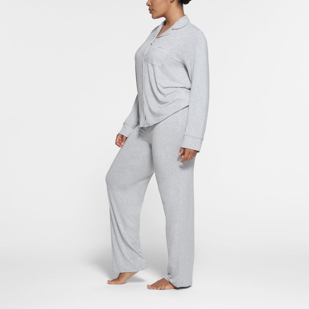 SKIMS SLEEP LONG SLEEVE BUTTON UP SET | LIGHT HEATHER GREY