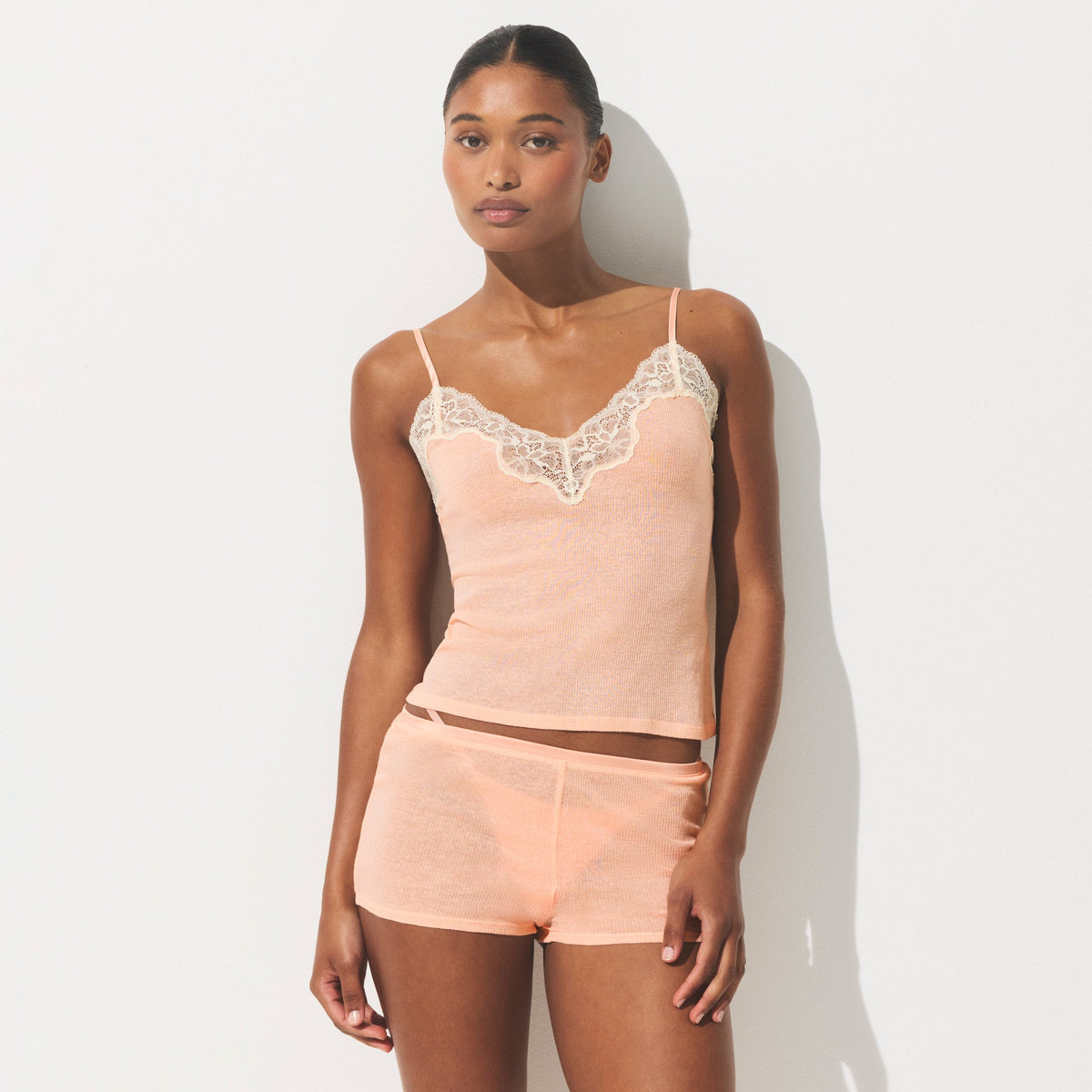 SHEER RIB LACE CAMI AND SHORT SET | VILLA