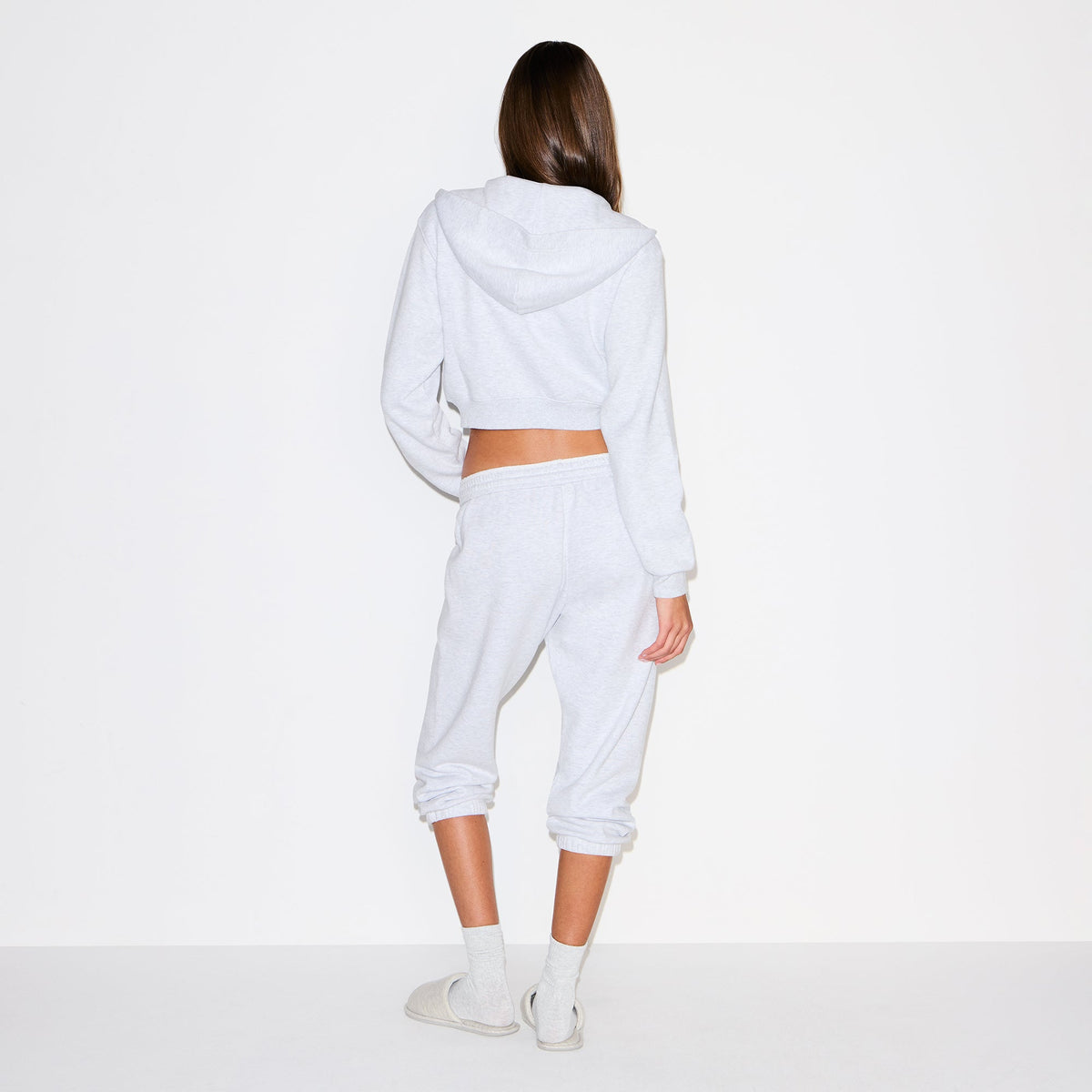 COTTON FLEECE CROPPED ZIP UP HOODIE | LIGHT HEATHER GREY