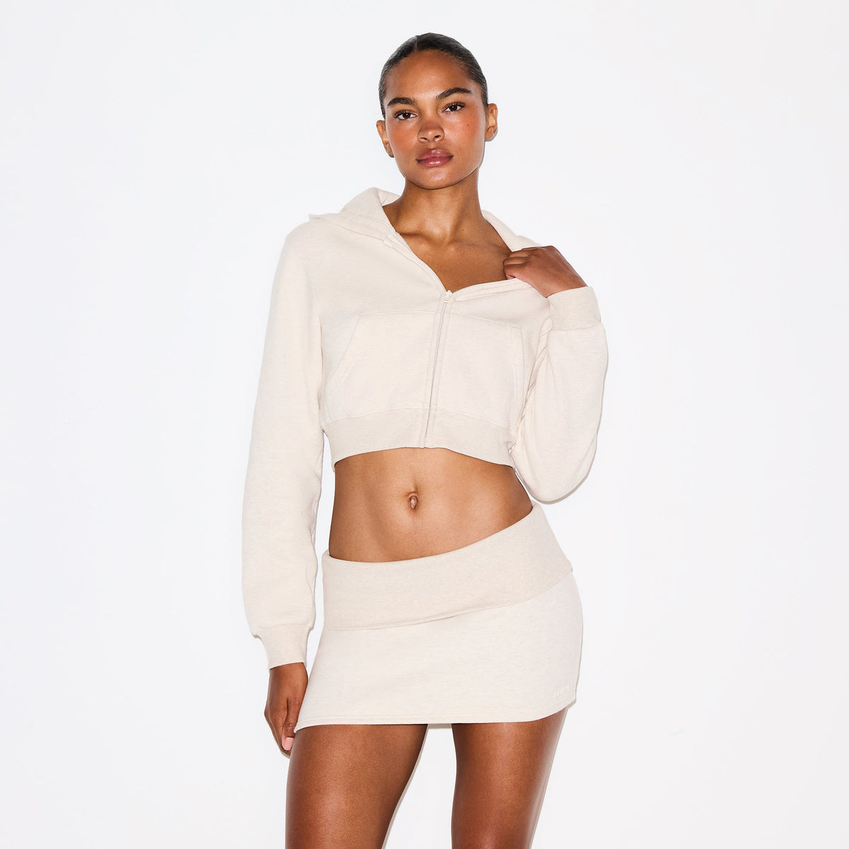 COTTON FLEECE CROPPED ZIP UP HOODIE | OATMEAL HEATHER